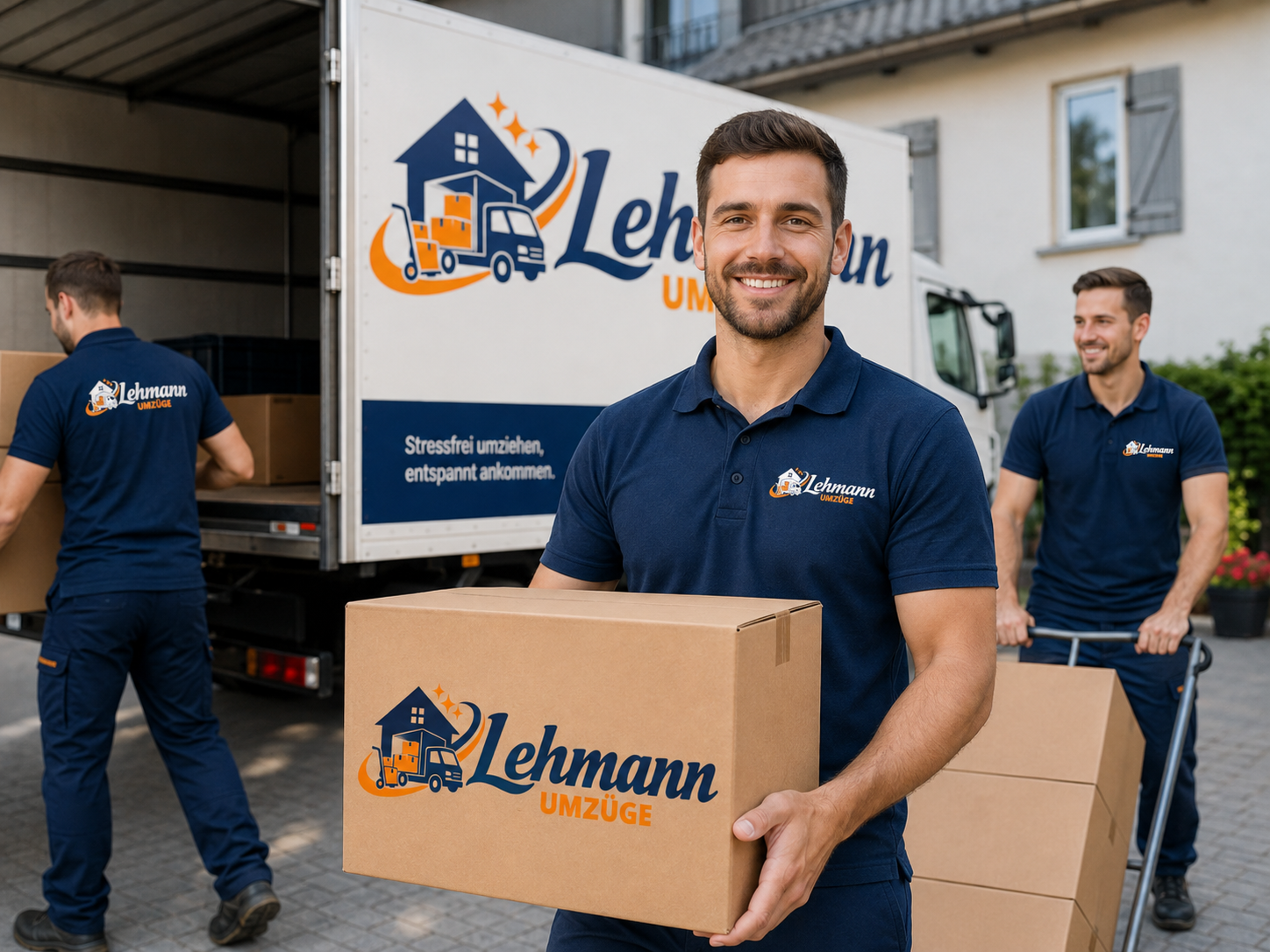 Mitarbeiter von Lehmann Umzüge tragen Umzugskartons